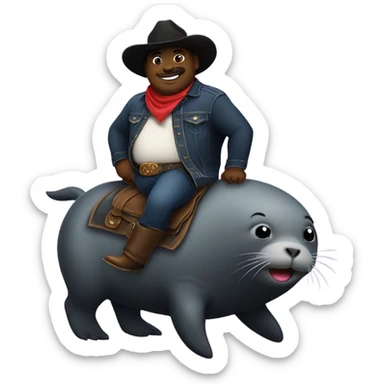 Black fat cowboy riding a cute seal with a cowboy hat sticker