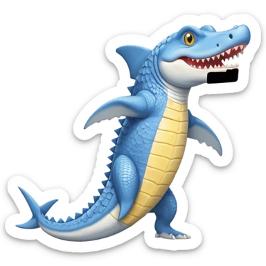 Appearance: The character is predominantly blue with a lighter belly and yellow eyes.
Features: It has large teeth, a shark-like fin on its back, and a tail.
Attire: The crocodile is wearing a pair of light blue and white sneakers.
Pose: It is standing upright on its hind legs. sticker