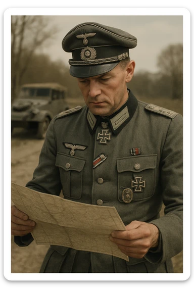 World War II German officer reading a map, classic military attire, historically accurate, detailed, realistic style sticker