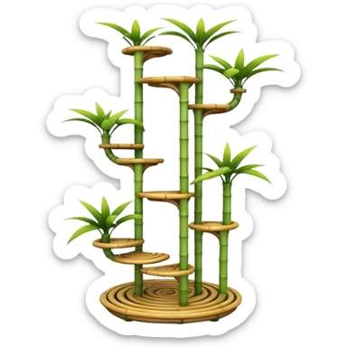 Very Large alien-futuristic multi-tier multi-level curved spiral step plant rack constructed from 7/8ths of an inch thin bamboo poles  sticker