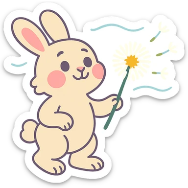 bunny holding a dandelion in the breeze, gentle spring vibe, soft pastel colors, transparent background, pastel toon style sticker