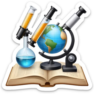 Icon for Scientific and Educational Reading: an open book with mathematical formulas, a microscope, a test tube, and a globe. The icon should represent the curiosity and knowledge found in scientific and academic books. Transparent background. sticker