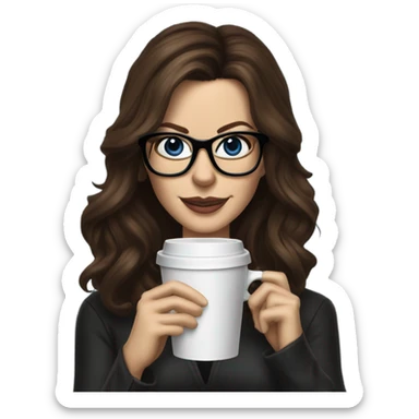 Hyper Realistic Kate Beckinsale dark blue eyes wearing glasses drinking coffee at a laptop  sticker