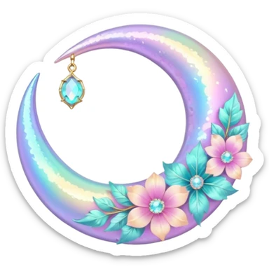 glossy Pastel iridescent floral shiny crystal crescent damask moon sticker