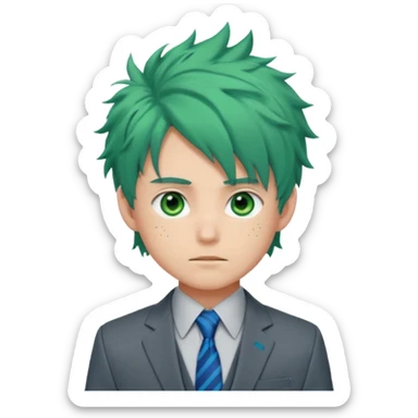 deku : boy anmie green hair green eyes in a ua gray jacket and blue tie suit with frenkles messy hair sticker