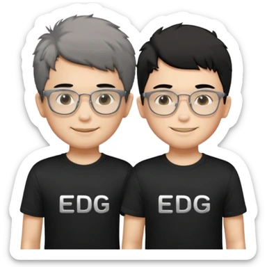 2 boys standing together. oner wearing black t-shirts with the letters 'EDG' fluffy short hair and silver rectangular glasses. the other one has black hair, smiled brightly, no glasses. the one who has no glasses is taller sticker
