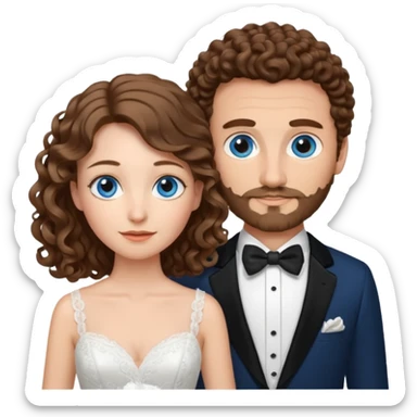 wedding couple, woman has long lightly curled brown hair and blue eyes, man has short light brown curly hair and facial hair with blue eyes sticker