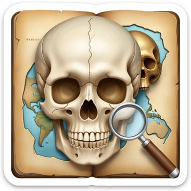 An icon featuring a human skull and fossils, representing anthropology. The design includes a magnifying glass and a map of ancient human migration paths, symbolizing the study of human evolution and cultures. Transparent background highlights the scientific exploration of humanity’s past. sticker