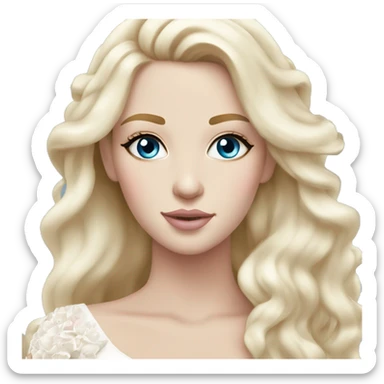 White bride with long light blonde hair and blue eyes with light pink peonies in hair white skin light pink lips sticker