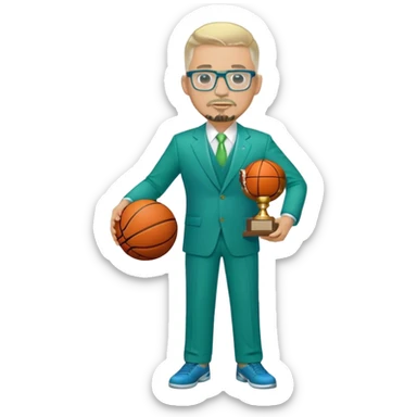 Full Body white  heavy set male  wearing glasses with a goatee with light blonde gray very short hair basketball head Coach in blue and green suit holding trophy sticker