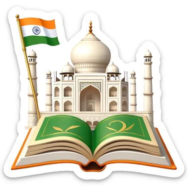 An icon featuring the Taj Mahal and the flag of India, symbolizing the Hindi language. The design includes an open book, representing language learning and cultural richness. Transparent background highlights the heritage of India. sticker
