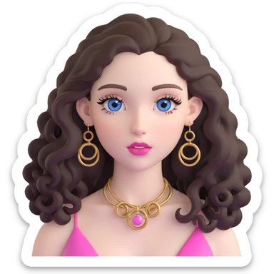 beautiful girl with big blue-grey eyes, long lashes, pale skin, pink lips, long voluminous dark brown curls, gold hoop earrings, silky halter top sticker