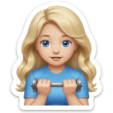 Kawaii emoji girl with big  blue glossy eyes, long wavy dirty blonde hair, happy expression, holding a dumbell, chubby cheeks, soft pastel colors, cozy and sweet aesthetic, clean background. sticker
