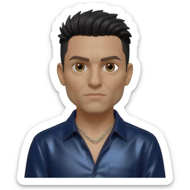 Chino Moreno with brown eyes, black hair, navy blue metallic shirt, silver necklace sticker