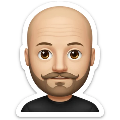 Oliver Riedel, bassist of Rammstein, apple style emoji, bald, mustache and goatee beard, calm expression, black shirt sticker