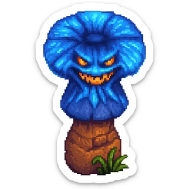 Make the glowing blue poisonous mushroom look scarier by adding eerie eyes or a twisted mouth. Keep the pixel art style and no background. sticker