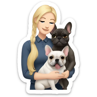  blonde woman hugging a brindle French bulldog and a dark gray french bulldog sticker