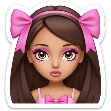 pretty bratz baddie, long straight hair brunette baddie with eyeliner and brown eyes and small pink bow sticker