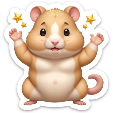 Cute chubby cartoon-style hamster flexing tiny arms like a bodybuilder, sparkles around it, triumphant expression. Painterly shading, white background, sticker-style illustration. sticker