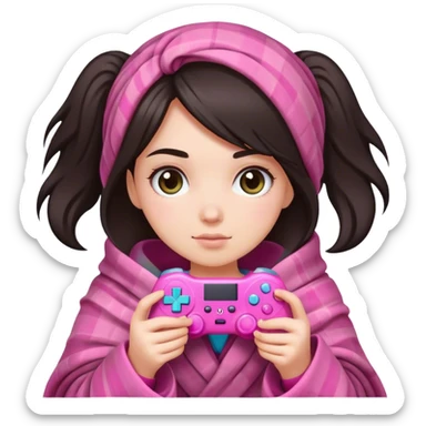 White girl with dark hair wrapped up in a blanket with a pink gaming controller in her hands sticker