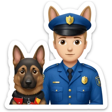 A German Shepherd sitting beside a police officer, both in focus, representing loyalty and discipline. Urban background, realistic tone, professional lighting. sticker