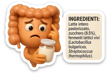 SU QUESTO STILE FAI UN EMOJI STILE IPHONE 3D DI UN INTESTINO CHE HA IN MANO UN BARATTOLO DI YOGURT CONFEZIONATO DA SUPERMERCATO E LEGGE L'ETICHETTA NUTRIZIONALE CON GLI INGREDIENTI IN ITALIANO, ACCANTO ALLO YOGURT CHE HA IN MANO C'è UN FOCUS SULL'ETICHETTA CON GLI INGREDIENTI SCRITTI, FAGLI UN ESPRESSIONE CONFUSA MENTRE LEGGE E FALLO MOLTO REALISTICO IN 3D sticker