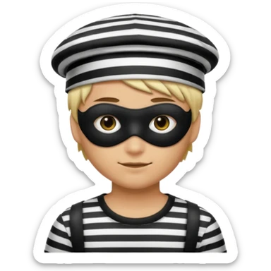 Realistic ios emoji-style portrait of a classic burglar, a black eye mask and a black-and-white striped shirt. Highly detailed, natural skin texture, soft cinematic lighting, realistic shadows, smooth gradients, clean outline, glossy reflections in the eyes. emoji-like hair, burglar’s hat  sticker