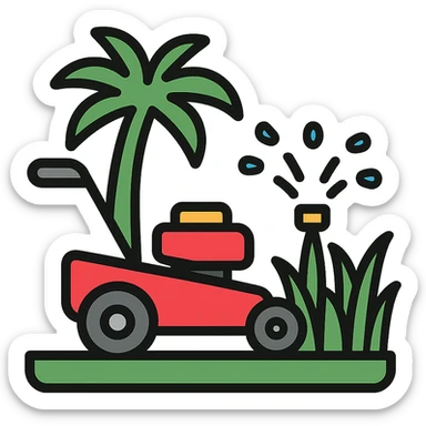 lawn mower cutting grass with palm tree and water sprinkler, modern simple lawn care business logo sticker