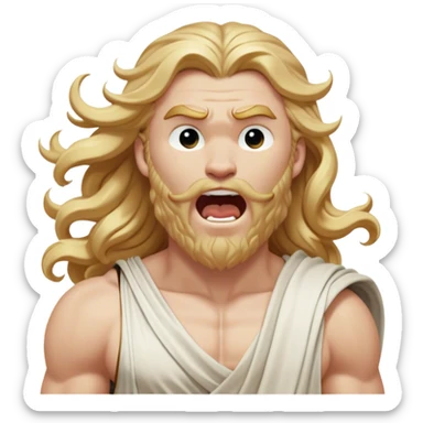 Cinematic Realistic Thor Portrait, head tilted slightly with a dramatic, wide-open yawn, revealing a moment of unguarded human vulnerability amidst his divine stature. His fair, luminous skin and elegantly styled, wavy golden hair maintain their sculptural perfection even in repose. Dressed in a flowing white toga with understated golden accents, the portrait is bathed in soft natural light, capturing a rare glimpse of relaxed, timeless strength from a Greek god reborn. sticker