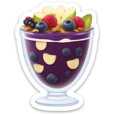 Açaí in a clear cup with layers of fruits and granola and condensed milk sticker