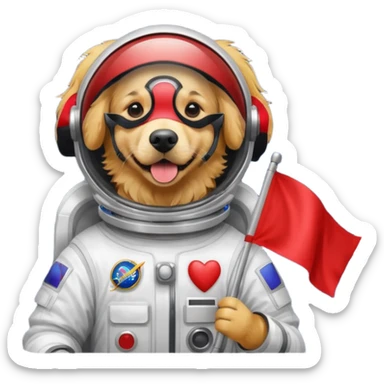 golden retriever in space suit holding red rectangle flag sticker