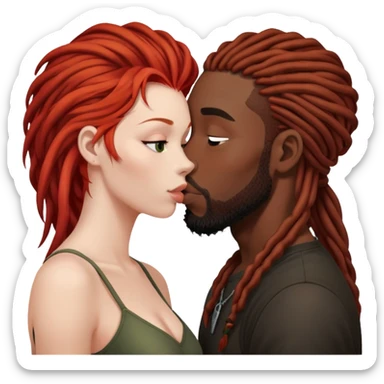 Mulher de cabelos ruivos e pele branca. O homem tem dreads nos cabelos e é negro. Ambos se beijando.  sticker