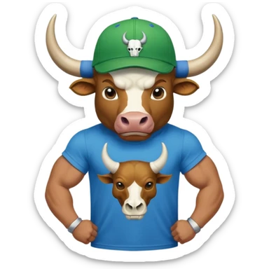 a bull wearing a green cap leveled WAGMI and wearing a blue t shirt and WAGMI designed with bulls skull and horn sticker