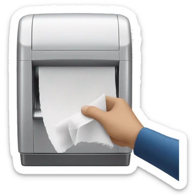 Picture: a man's hand pulls a white paper napkin out of the opening of a plastic dispenser sticker