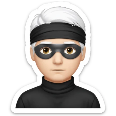 A guy with standing white hair and a black blindfold sticker