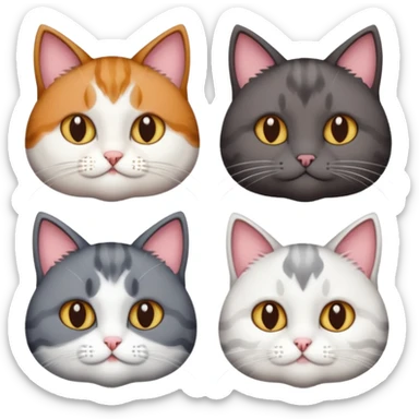 4 different coloured short haired cats including; a dark brown t and white cat, and a dark grey and white  sticker