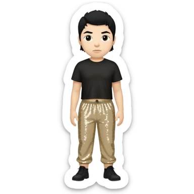 Chino Moreno with black hair, black sequin crop top, beige sequin baggy pants sticker
