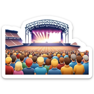 An icon showing a stadium stage with a concert in full swing, bright stage lights illuminating the performers, and fireworks bursting in the sky. The excitement of the crowd is palpable, symbolizing a love for live music and unforgettable shows. transparent background. sticker