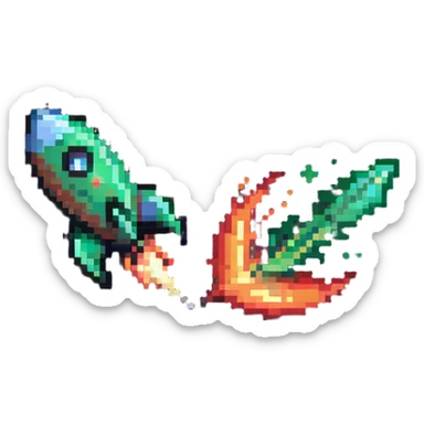 green to red gradient rocket flying diagonally to the upper right corner, with pixel art flame trail sticker