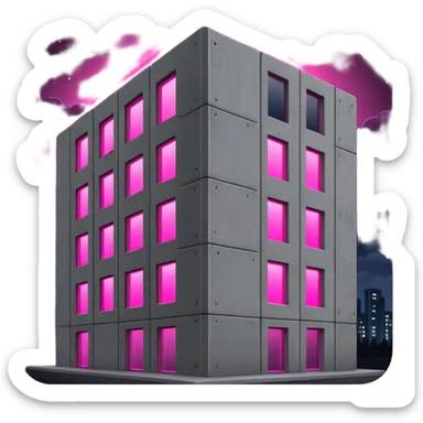 Nighttime scene of a Russian concrete panel building, dark gray rectangular structure against night sky, one window with intense bright pink UV grow light glowing in the darkness sticker
