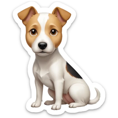 a full body facing front on of a buff white parson russell terrier looking dog the size of a kelpie with light brown long ears resting on its face and a light brown patch above one eye and a large snout. the rest of the dog is completely white.  sticker