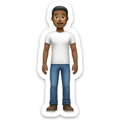 a male, full body. waving with his left hand. From the front.  Dressed with a round collar, white tshirt and blue jeans sticker