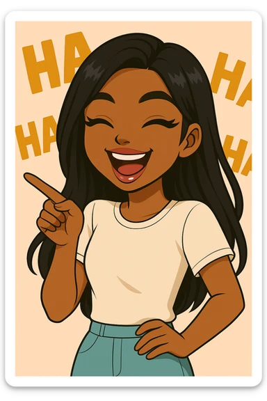 Change the pose to pointing and laughing, add 'ha ha ha' text in the background, headshot only, 20-year-old anime Bratz style woman with dark skin, straight hair, more casual outfit, big expressive eyes, glossy lips, no hat, no tears, happy expression, looking straight ahead. sticker