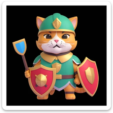 spartan cat with a big mustache holding a tiny shield looking heroic and silly sticker