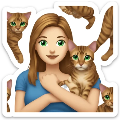 a beautiful girl with green eyes and brown hair is holding a Bengal cat with blue eyes in her arms sticker