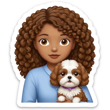 Brown skin girl brown eyes curly hair holding Shih Tzu sticker