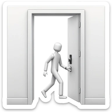 minimalistic icon of a white human figure walking through an open outlined door, viewed from the front, door with visible doorknob, solid green background, flat simple clean lines, high contrast sticker