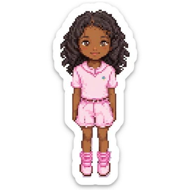 pixel art of a brown-skinned girl with black curly mid-length hair, wearing a cute pink outfit sticker