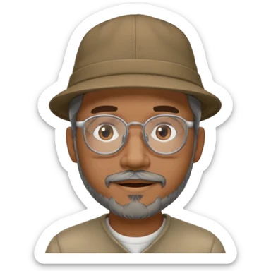 Brown man with hat no hair, but gray goatee, clear glasses and slightly smiling sticker
