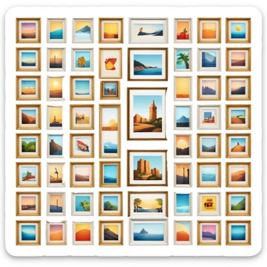Icon for Photograph and Poster Collecting: a collection of photographs and movie posters, neatly displayed on a wall or in frames. The icon should evoke the nostalgia and artistic value of collecting rare images and posters. Transparent background. sticker